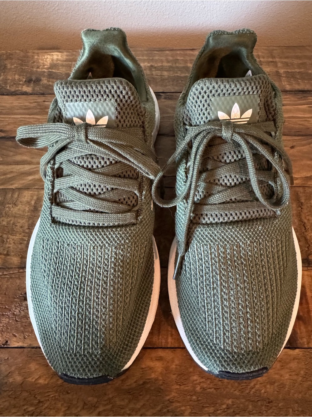 adidas Swift Run Women's Olive Green Knit Athletic Sneakers with White Stripes - Picture 4 of 10